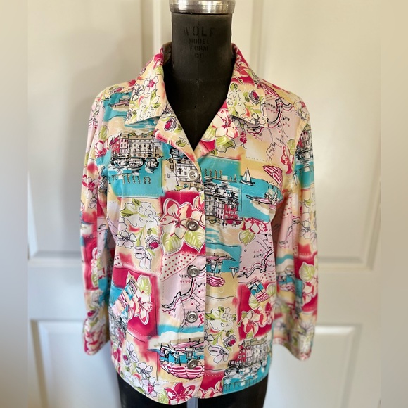 Christopher & Banks Colorful Travel Print Jacket Cotton Stretch Size M - Picture 5 of 9